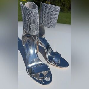 Crystal-Ankle Metallic Silver High Heels size 6